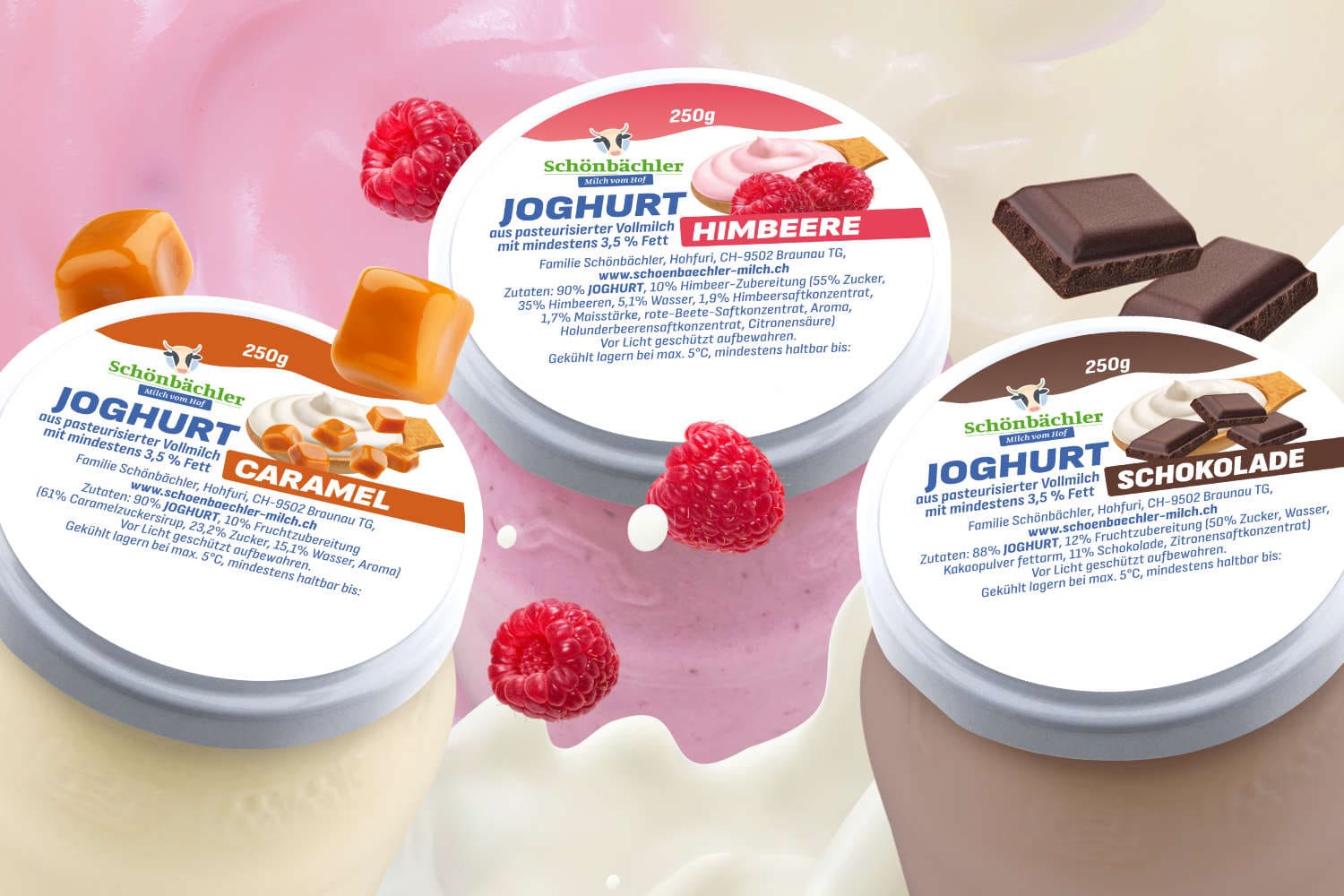 Schönbächler Caramel-, Himbeere- und Schoko-Joghurt